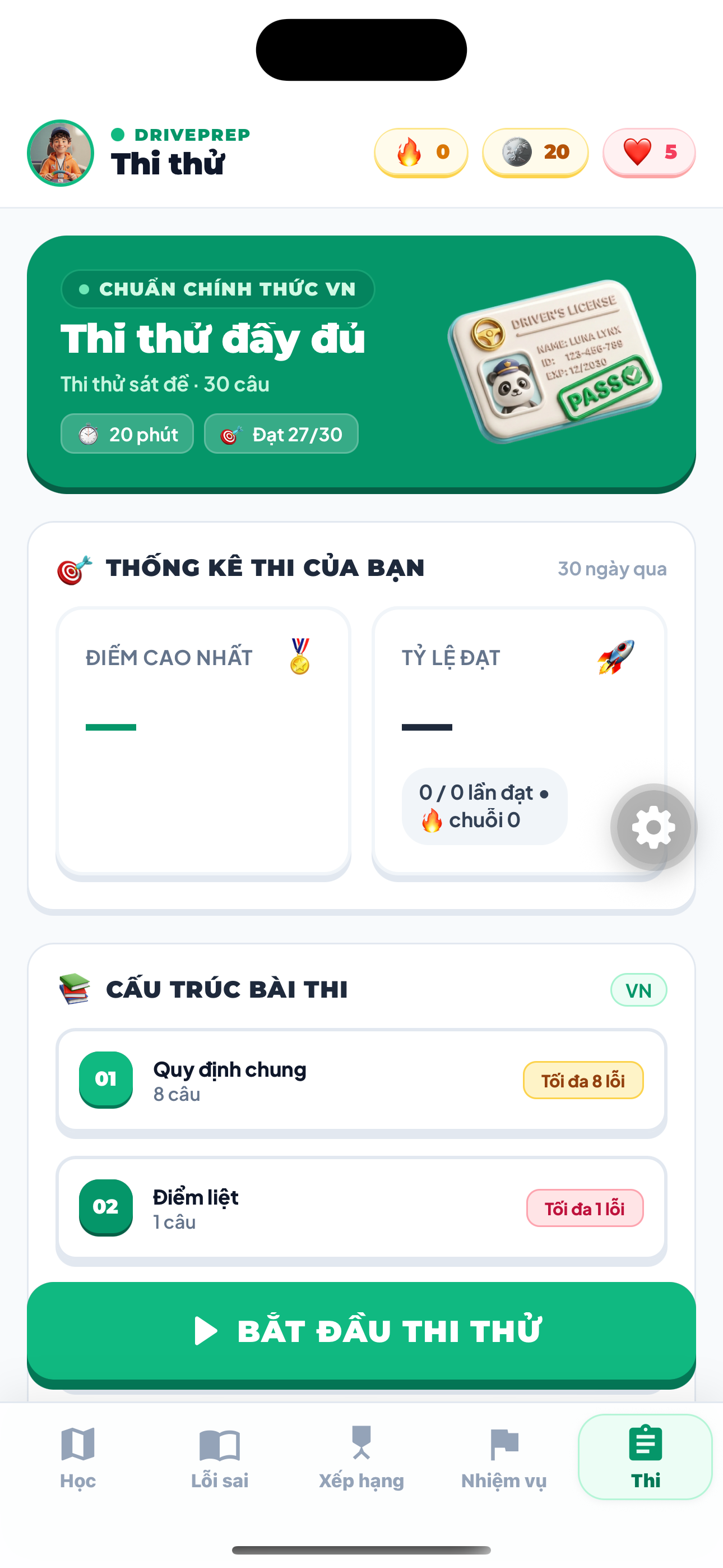 Màn hình Thi thử chuẩn Sở GTVT